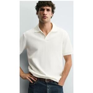 Zara Textured White Polo Shirt L Preppy Old Money Cotton
